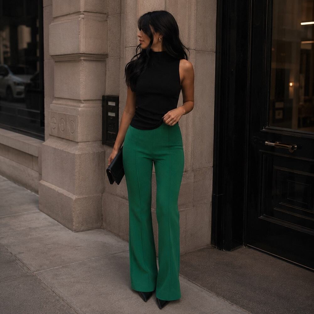 Mugler Green Pleated Mini Bootcut Flare Pants Size FR 34 US XS